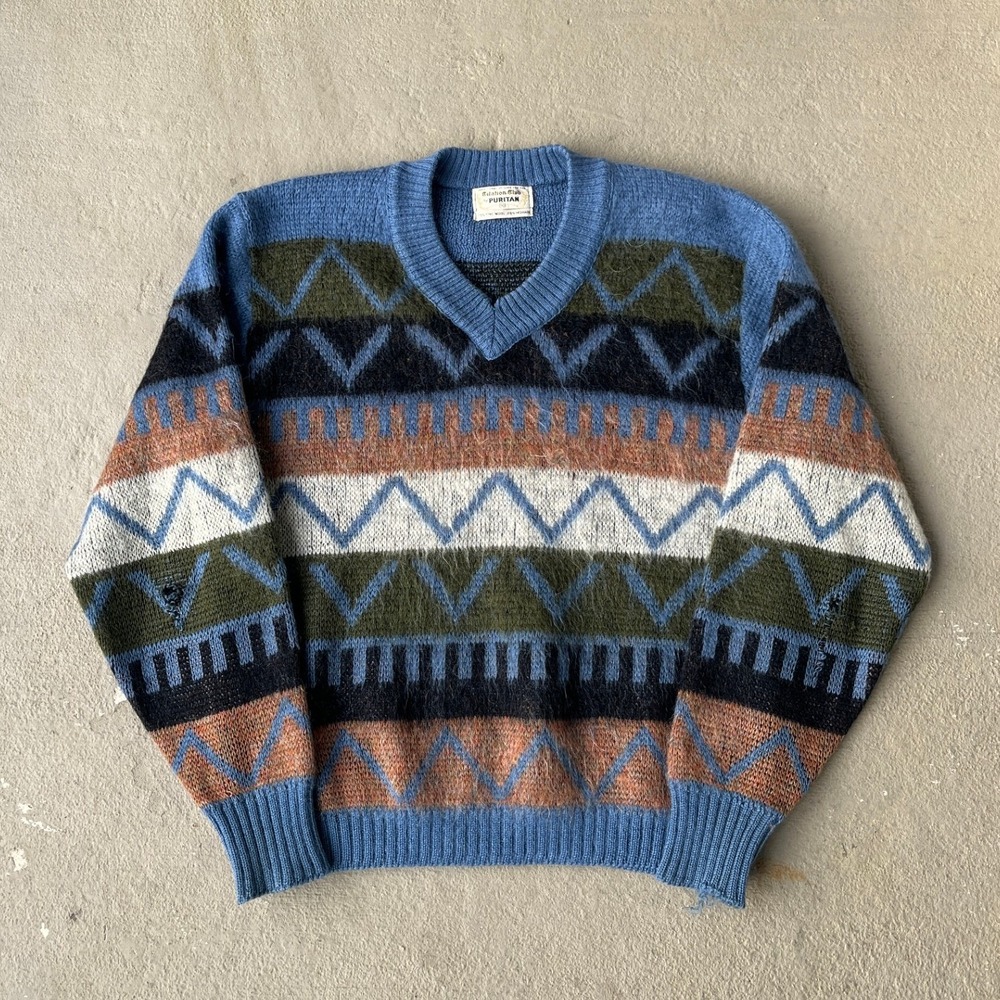 Vintage Puritan Mohair Wool Sweater Mens 40 Blue Geometric V-Neck Fair Isle 60s